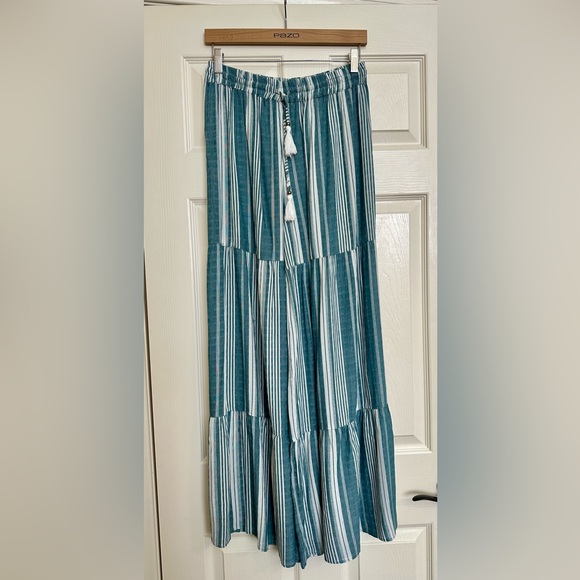 Angie Teal Striped Tiered Wide Leg Pants - Picture 2 of 11